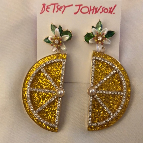 Betsey Johnson Gold Tone & Yellow Lemon Slice Drop Earrings Crystal Accents NWT - Picture 4 of 11
